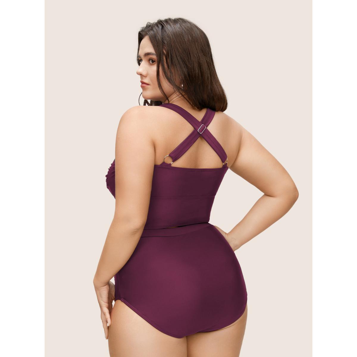 Plus Size Solid Crossover Square Neck Adjustable Straps Swim Top Women's Swimwear ArmyGreen Resort Twist High stretch Skinny Square Neck Curve Swim Tops BloomChic 10/M Product Image
