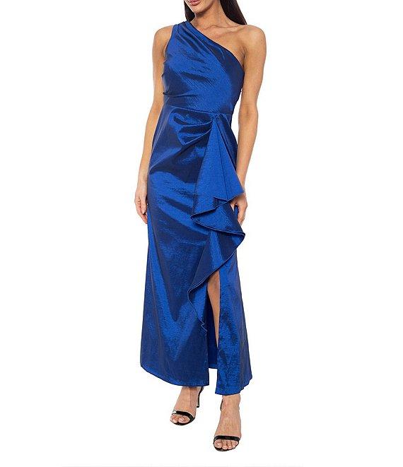 Marina One Shoulder Sleeveless Front Slit Ruffle Taffeta Gown Product Image