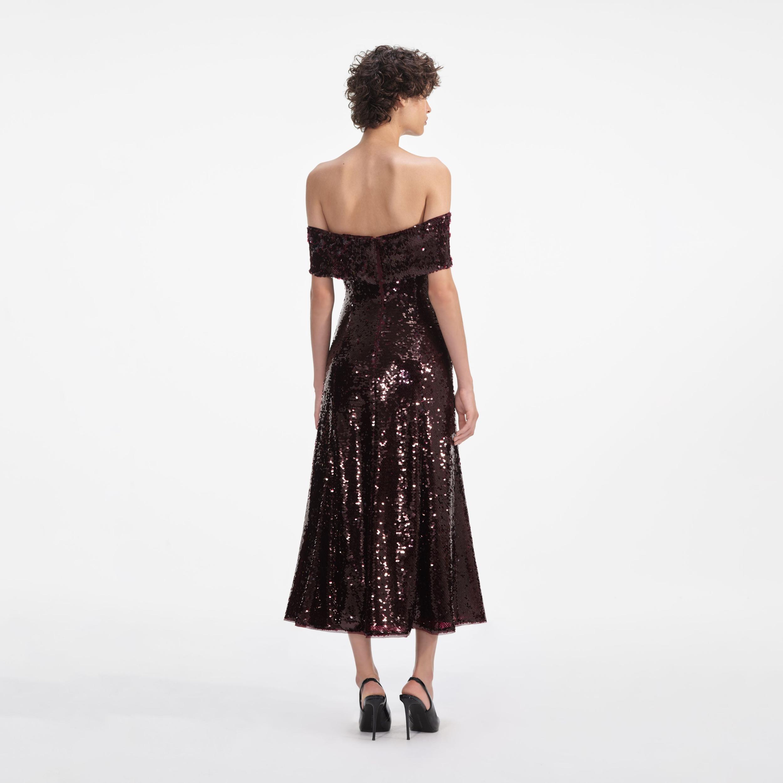 Brown Sequin Off Shoulder Midi Dress Product Image