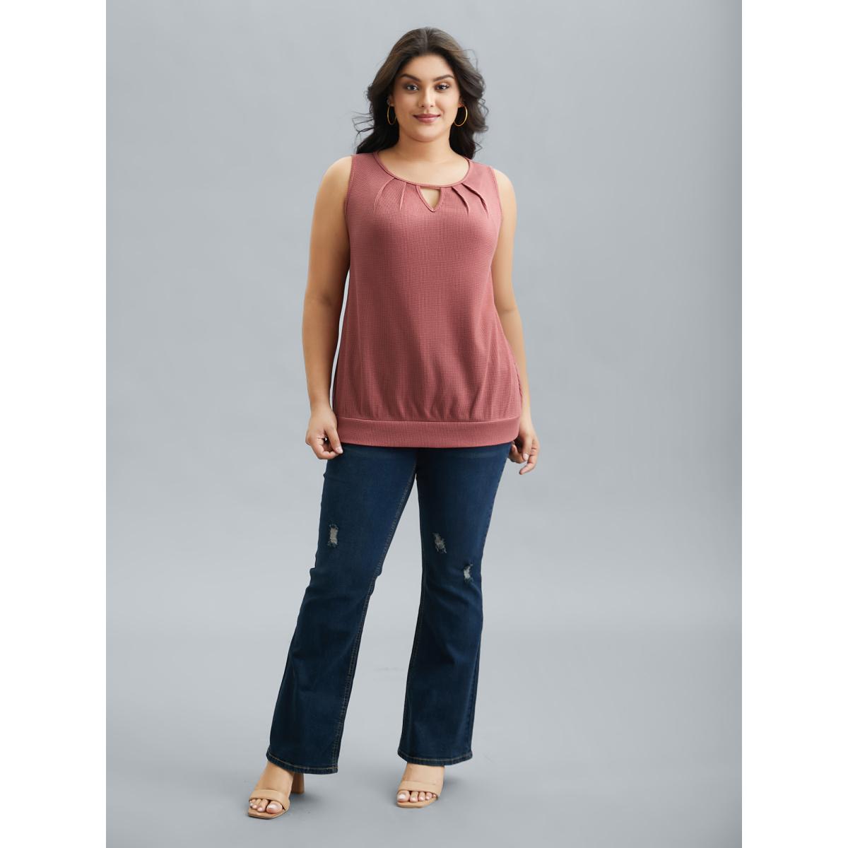 Plus Size Neck Cut-Out Textured Stretchy Vest Women DustyPink Casual Texture Round Neck Everyday Tank Tops Camis BloomChic 26/4X Product Image