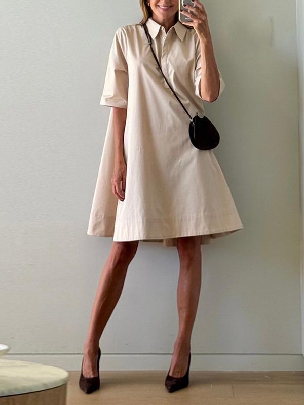 A-Line Short Sleeves Solid Color Split-Joint Lapel Mini Dresses Shirt Dress Product Image
