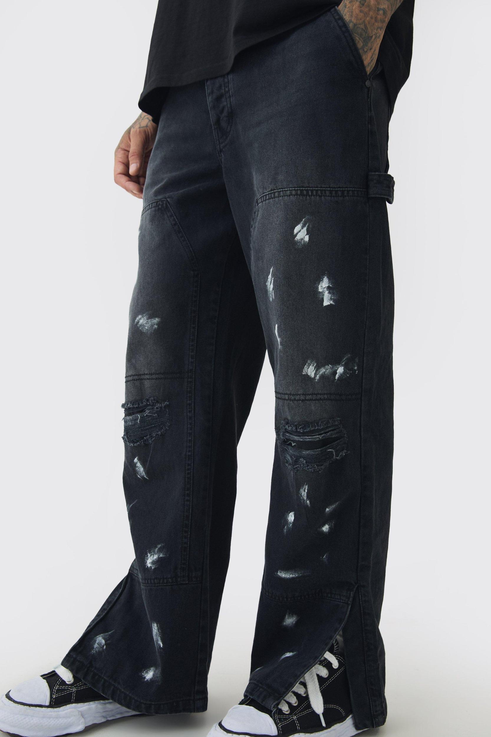 Tall Popper Hem Paint Splatter Relaxed Fit Carpenter Pants | boohooMAN USA Product Image