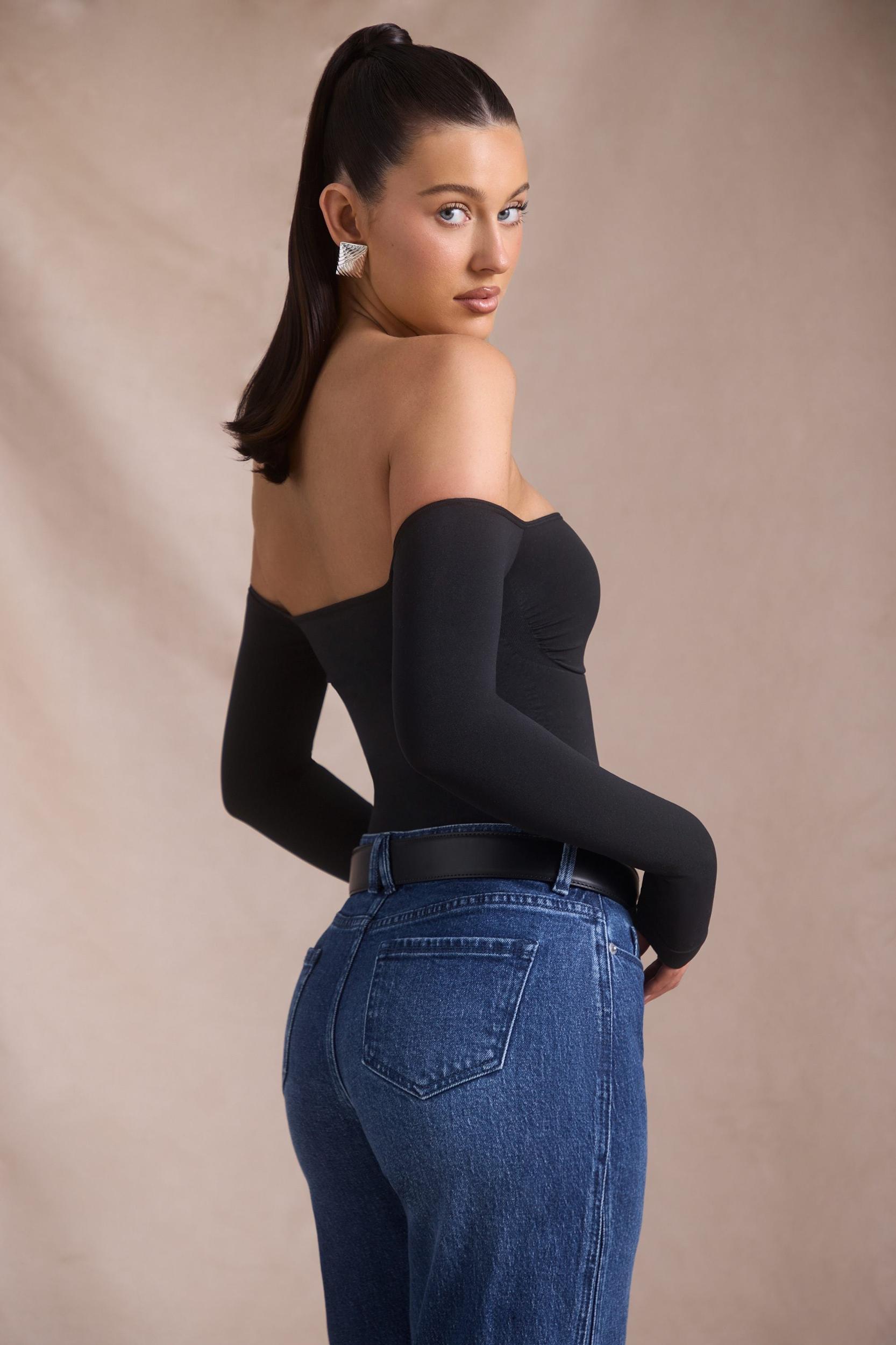 Seamless Off-Shoulder Long-Sleeve Bodysuit in Black Female Product Image