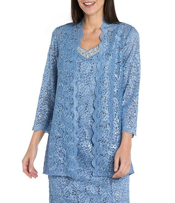 R & M Richards 2-Piece Scalloped Glitter Lace Beaded V-Neck Jacket Dress Product Image