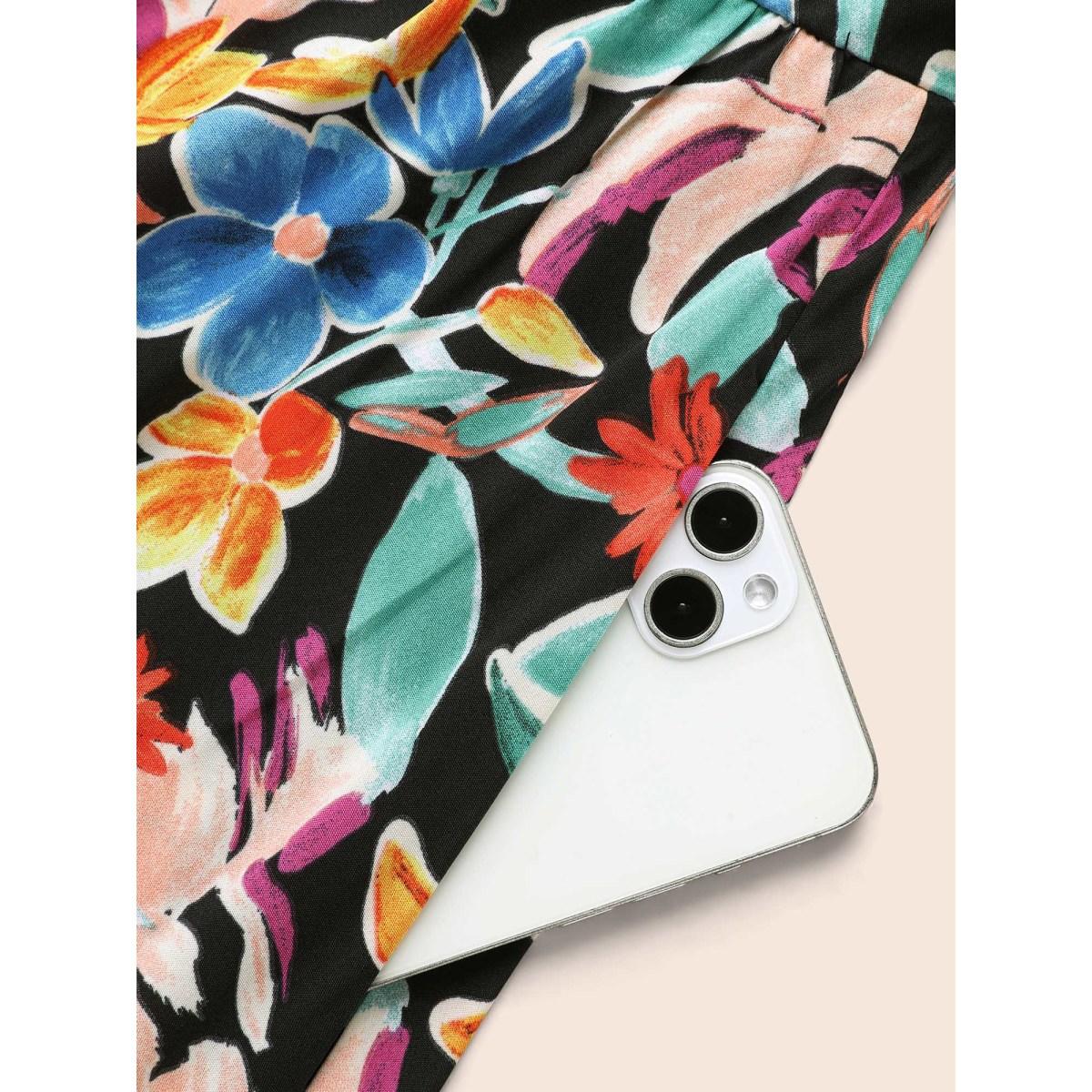 Plus Size Colored Floral Notched Elastic Waist Midi Dress Black Women Elegant Gathered Flat collar with V-notch Extra Long Sleeve Curvy BloomChic 22-24/3X Product Image