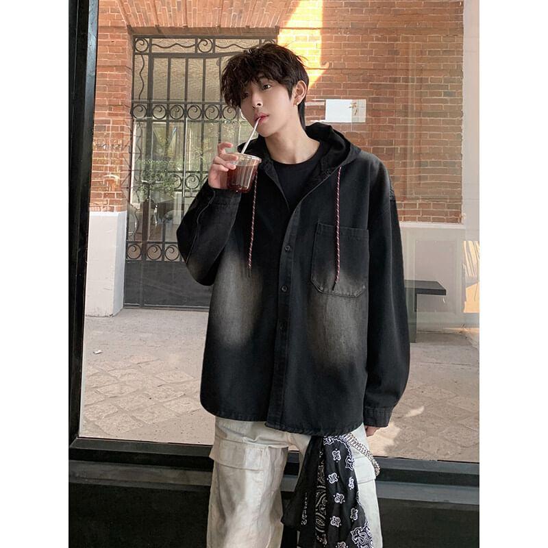 Drop Shoulder Hooded Washed Denim Shirt Jacket Product Image