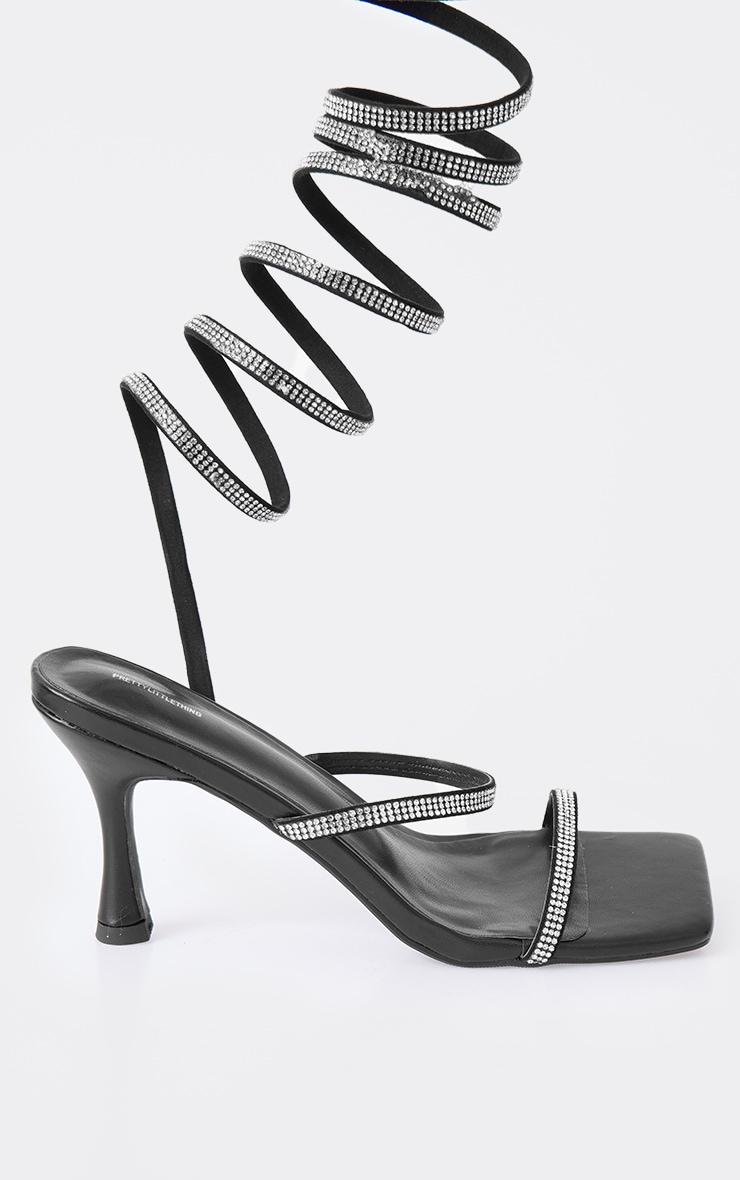Black PU Square Toe Diamante Spiral Mid Stiletto Heeled Sandals Product Image