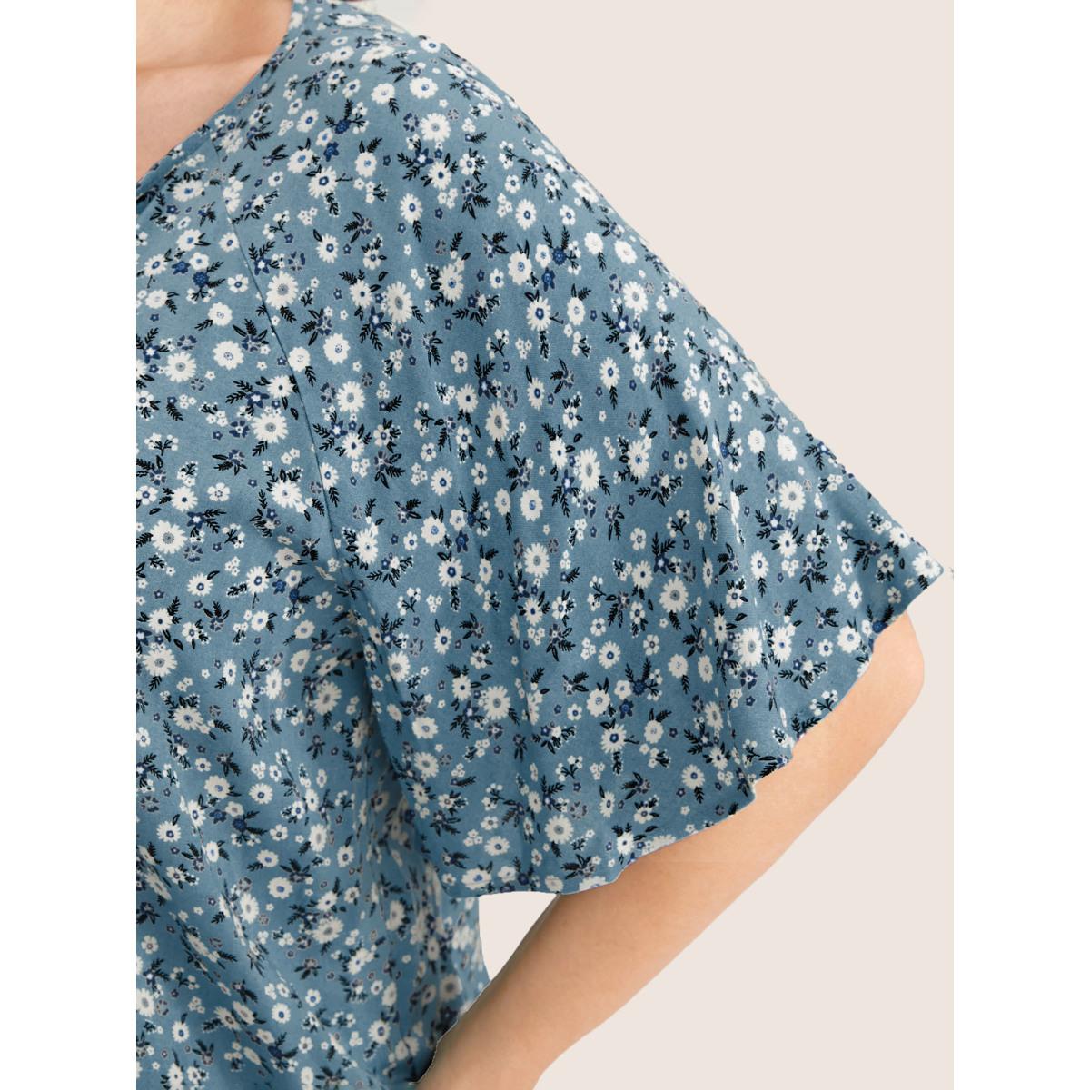 Plus Size Aegean Ditsy Floral Ruffle Sleeve Tie Neck Blouse Women Elegant Short sleeve V-neck Everyday Blouses BloomChic 26/4X Product Image