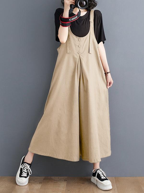 Ninth Pants Wide Leg Buttoned Solid Color Spaghetti-Neck Overalls Product Image