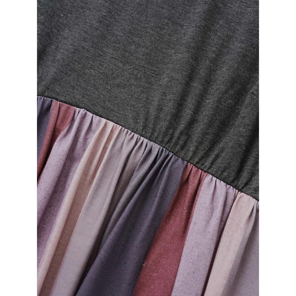 Plus Size Solid Patchwork Pocket Striped Flutter Hem Dress Burgundy Women Leisure Non Round Neck Elbow-length sleeve Curvy Midi Dress BloomChic 18-20/2X Product Image