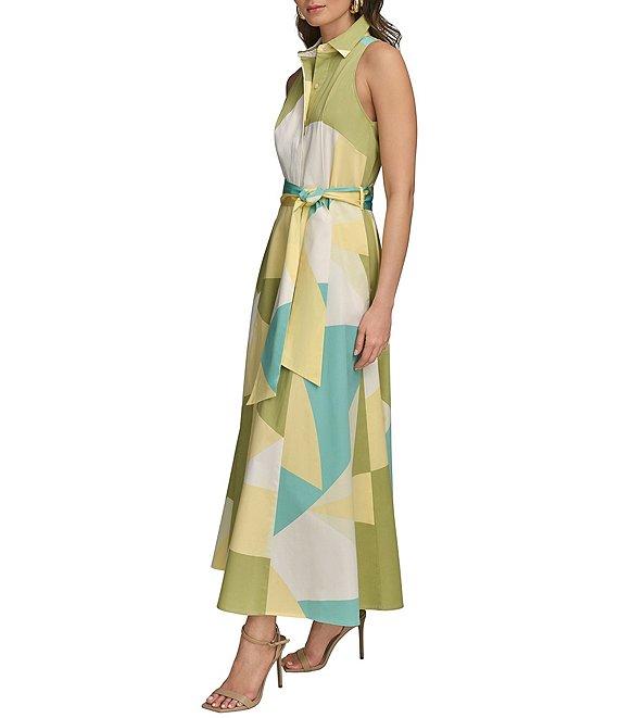 Donna Karan Sateen Button Front Collar Sleeveless Geometric Print Maxi Dress Product Image