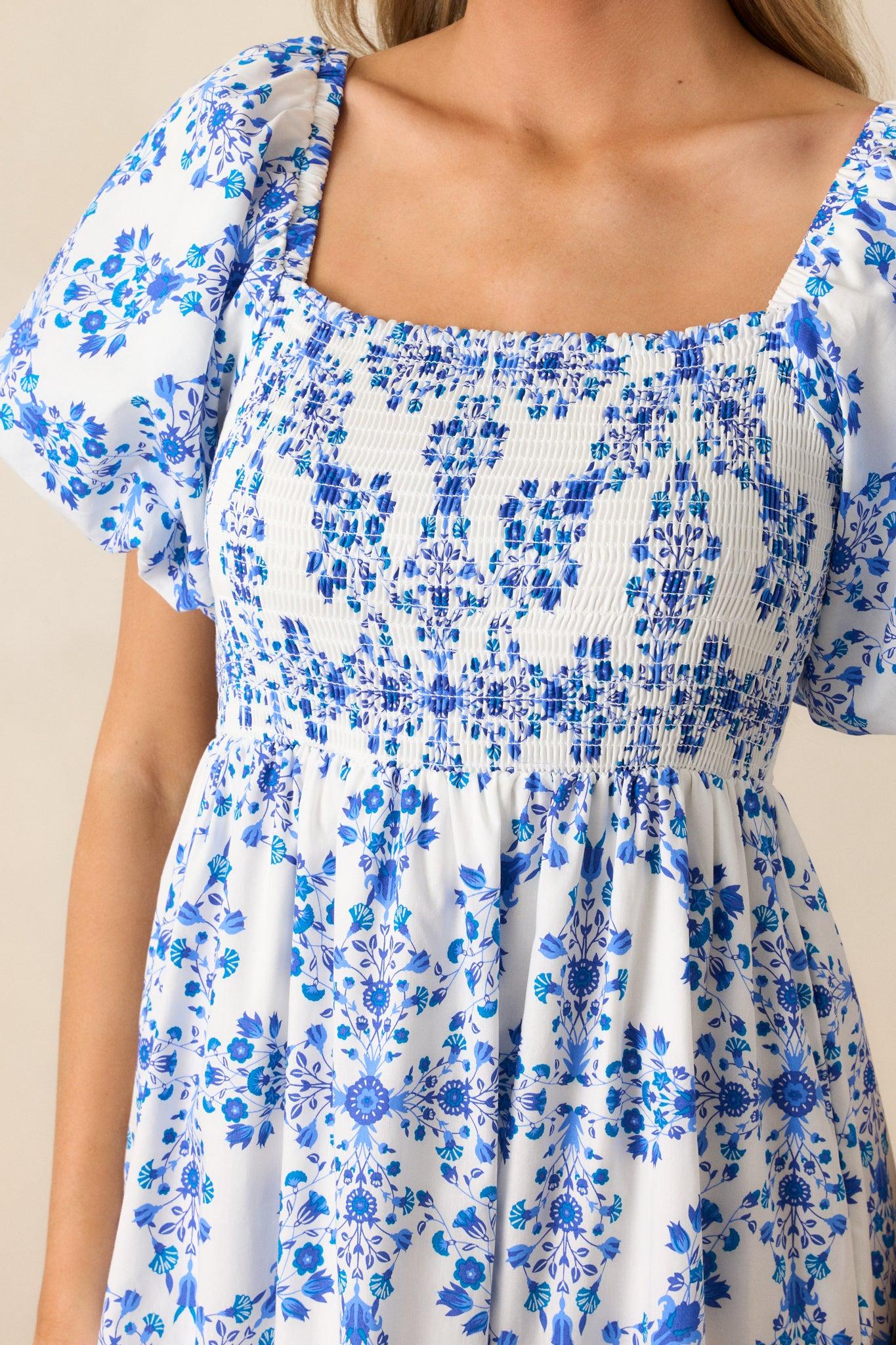 Rosewater Skies Cotton Royal Blue Floral Maxi Dress Product Image