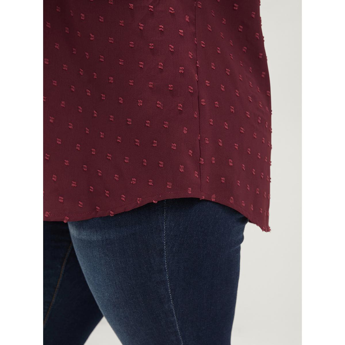 Plus Size Burgundy Polka Dot Button Detail Lantern Sleeve Arc Hem Blouse Women Office Long Sleeve V-neck Work Blouses BloomChic 10/M Product Image