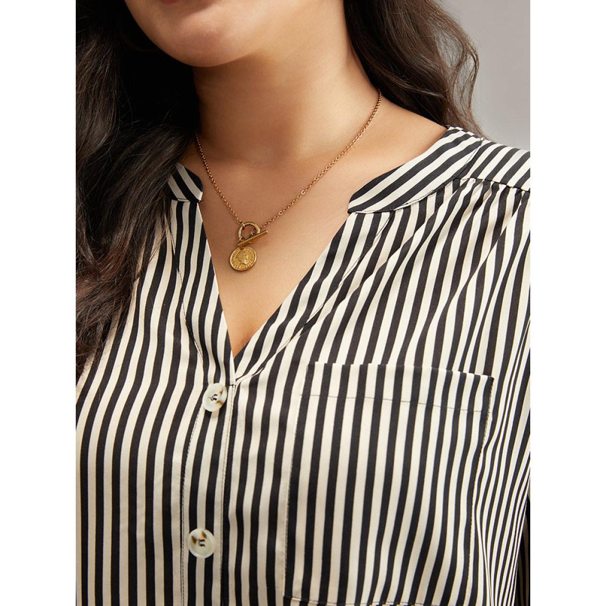 Plus Size LightBrown Striped Notched Button Through Blouse Women Office Long Sleeve Shirt collar Work Blouses BloomChic 30/6X Product Image