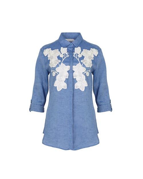 Anne Fontaine Women's Shirt  Citron Blue Linen Shirt With White Floral Applique Product Image