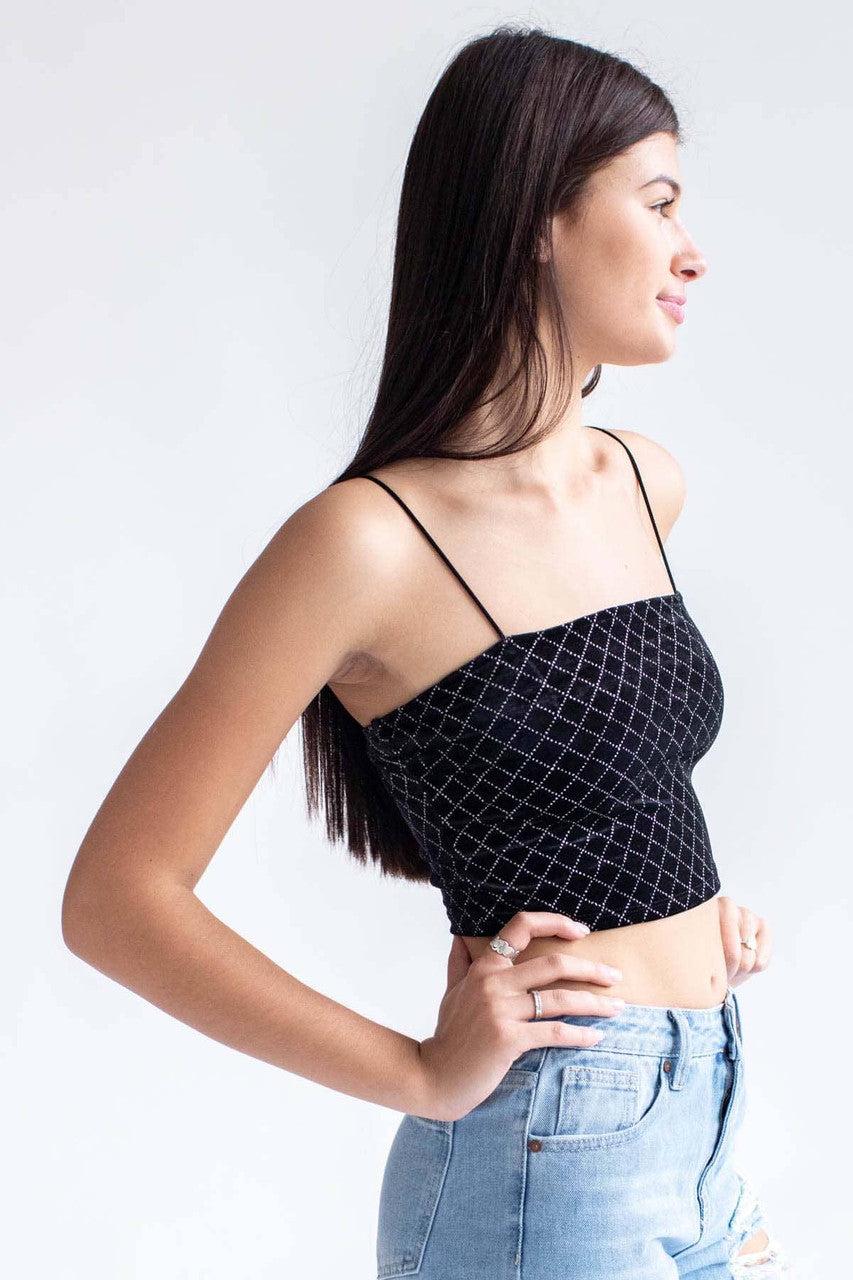 Black Glitter Diamonds Velvet Crop Cami Product Image