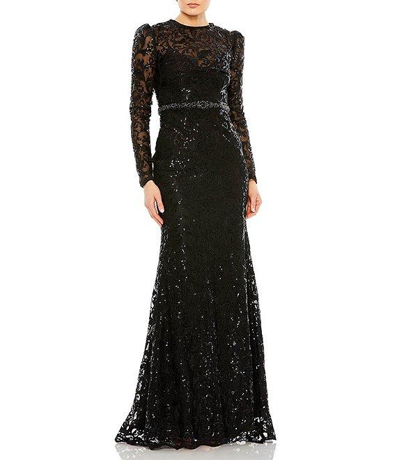Mac Duggal Sequin Lace Crew Neck Long Sleeve Gown Product Image