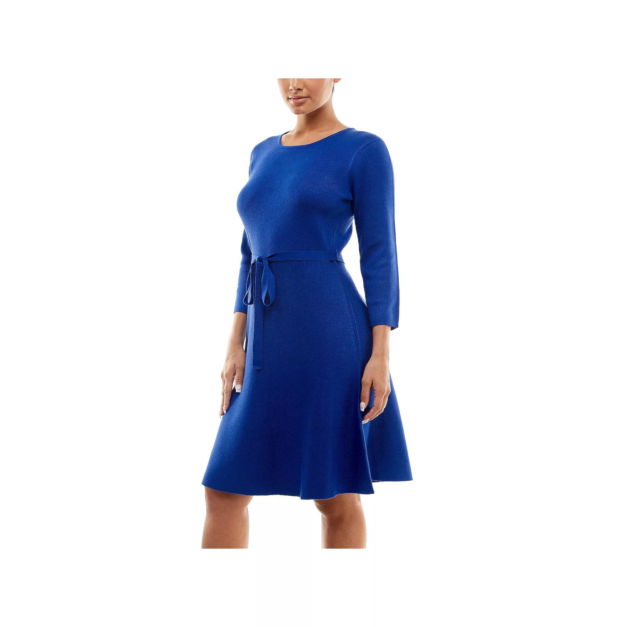 Women's Nina Leonard Belted 3/4 Sleeve Fit & Flare Sweater Dress, Size: Small, Deep Blue Product Image