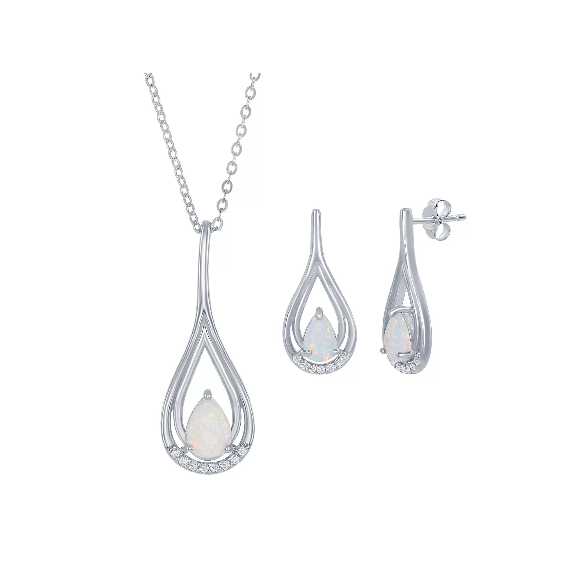 Sterling Silver Lab-Created White Opal Teardrop Necklace & Earring Set, Women's, Size: 16-18" ADJ Product Image