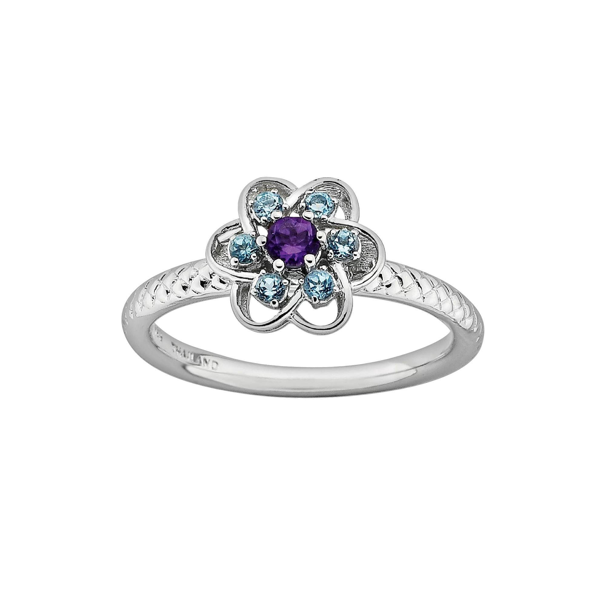 Stacks & Stones Sterling Silver Amethyst & Blue Topaz Textured Flower Stack Ring, Women's, Size: 10, Multicolor Product Image