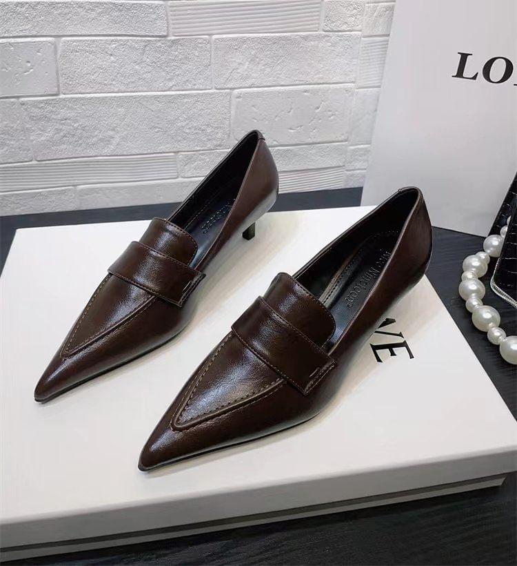 Kitten Heel Pointed Toe Plain Faux Leather Loafers Product Image