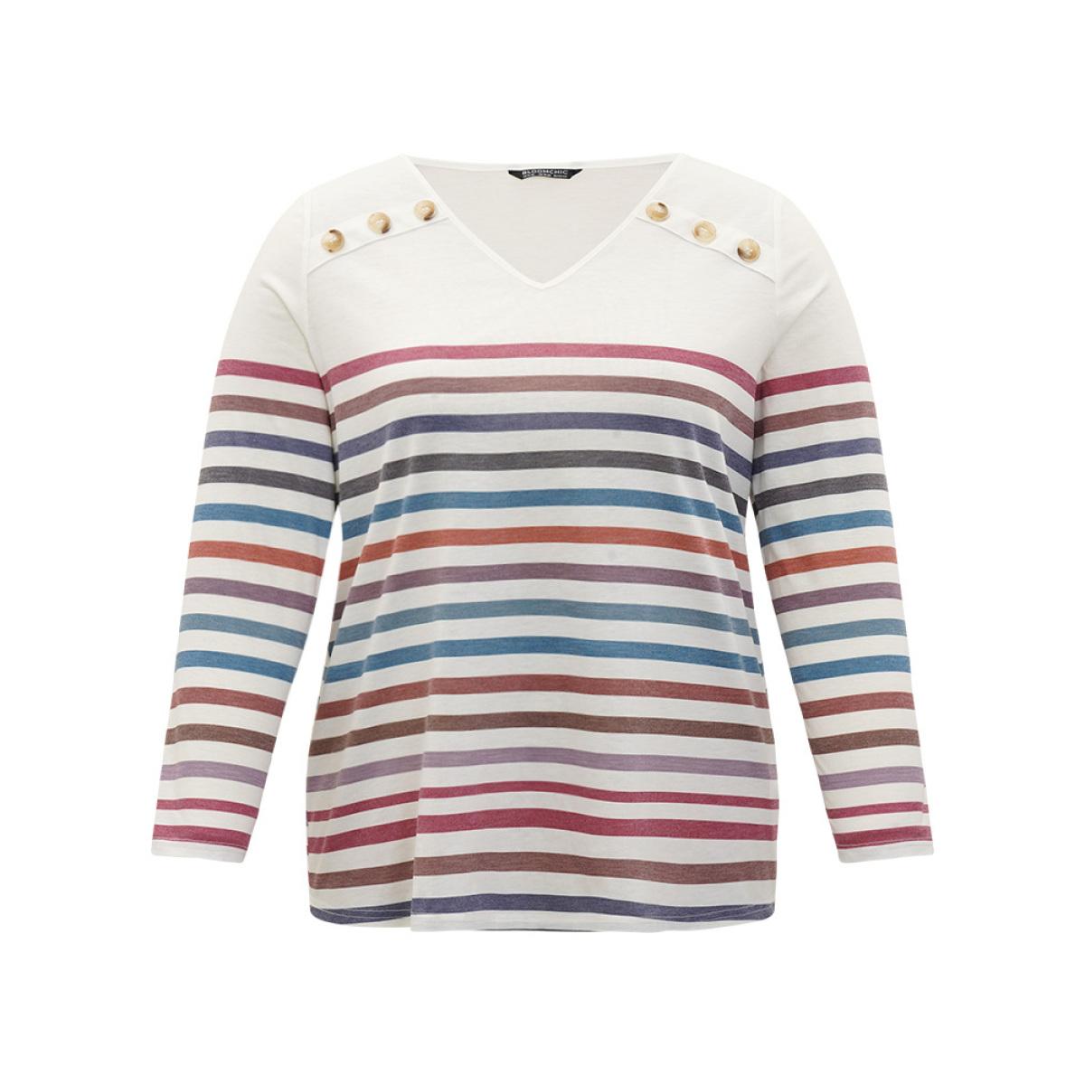 Plus Size Striped V Neck Button Detail Raglan Sleeve T-shirt Multicolor Women Casual Button Striped V-neck Dailywear T-shirts BloomChic 26/4X Product Image