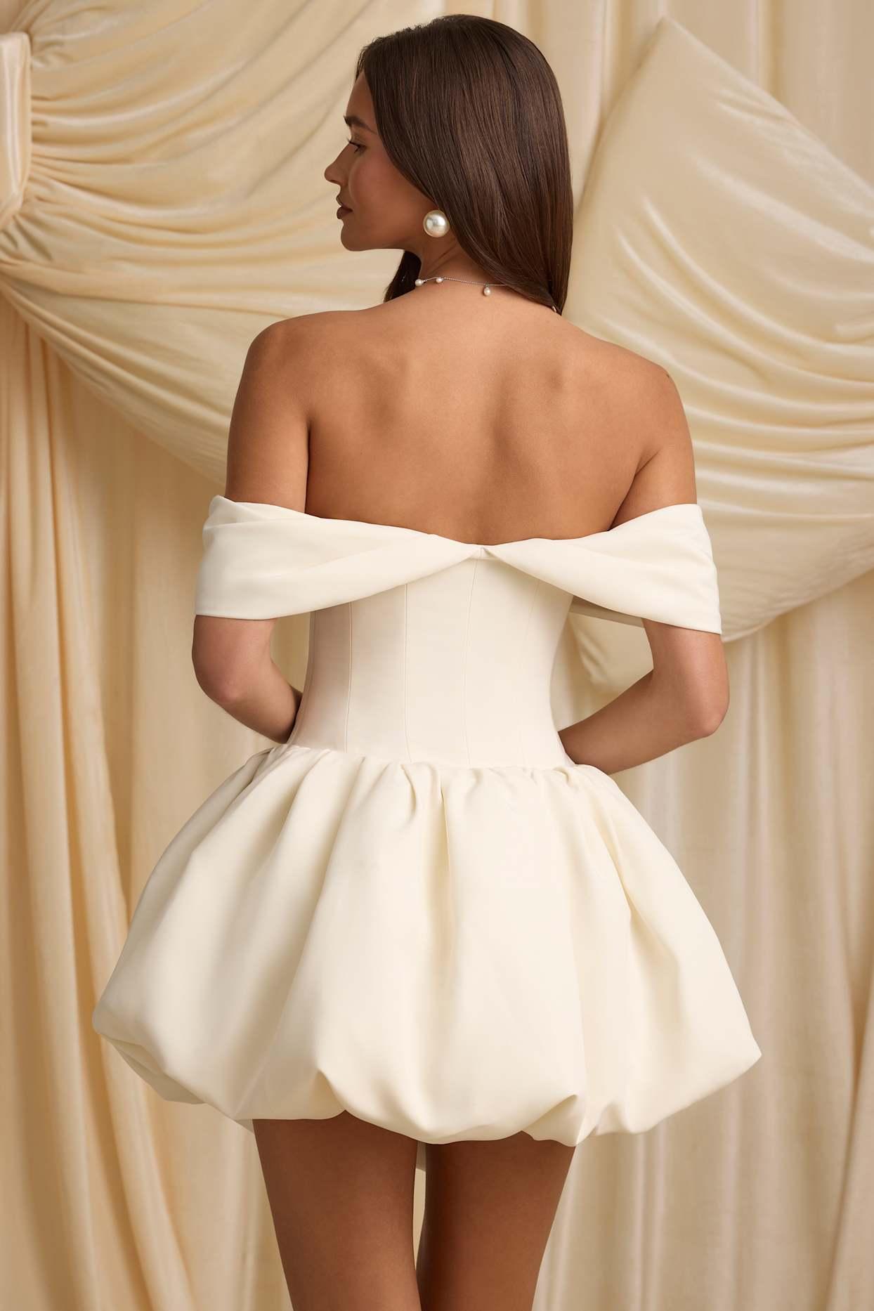 Off-Shoulder Layered Bubble Hem Corset Mini Dress in Ivory Product Image