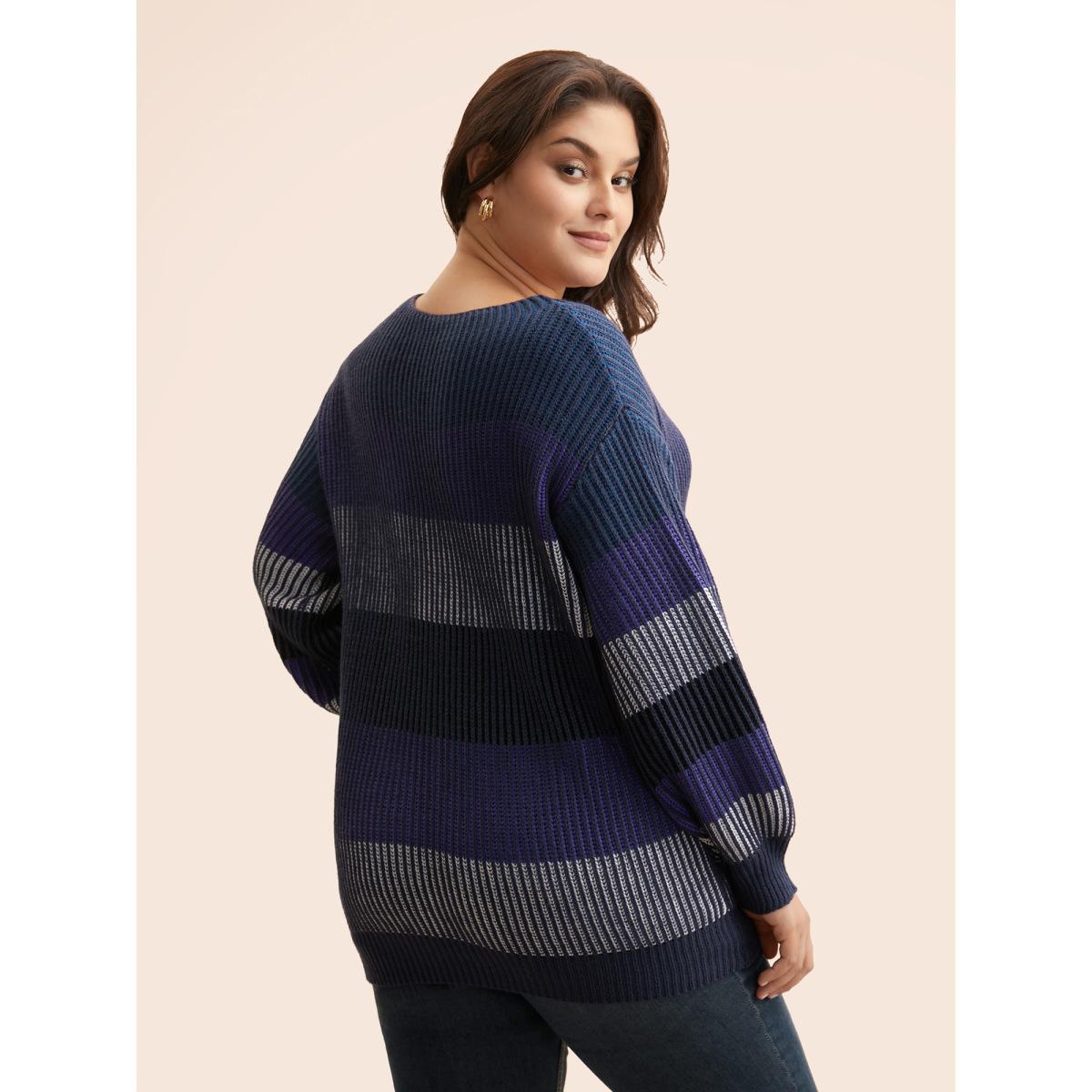 Plus Size Textured Striped Contrast Patchwork Pullover Indigo Women Leisure Long Sleeve Round Neck Casual Pullovers BloomChic 10/M Product Image