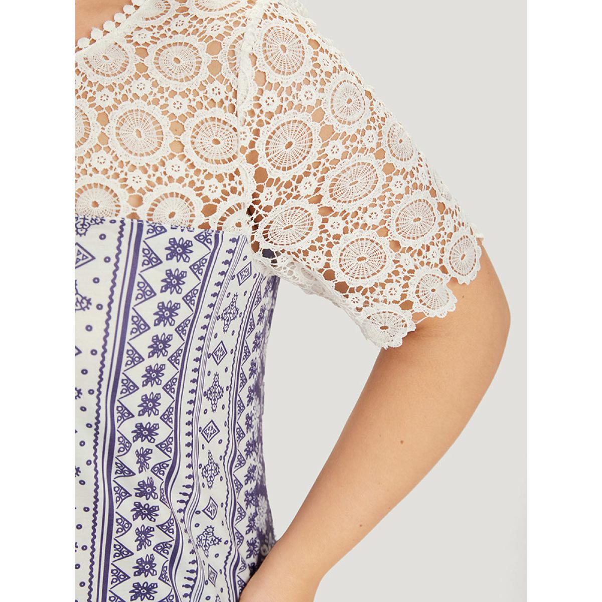 Plus Size Bandana Print Lace Patchwork Pompom Trim T-shirt DarkBlue Women Elegant Lace Bohemian Print Round Neck Dailywear T-shirts BloomChic 12/L Product Image