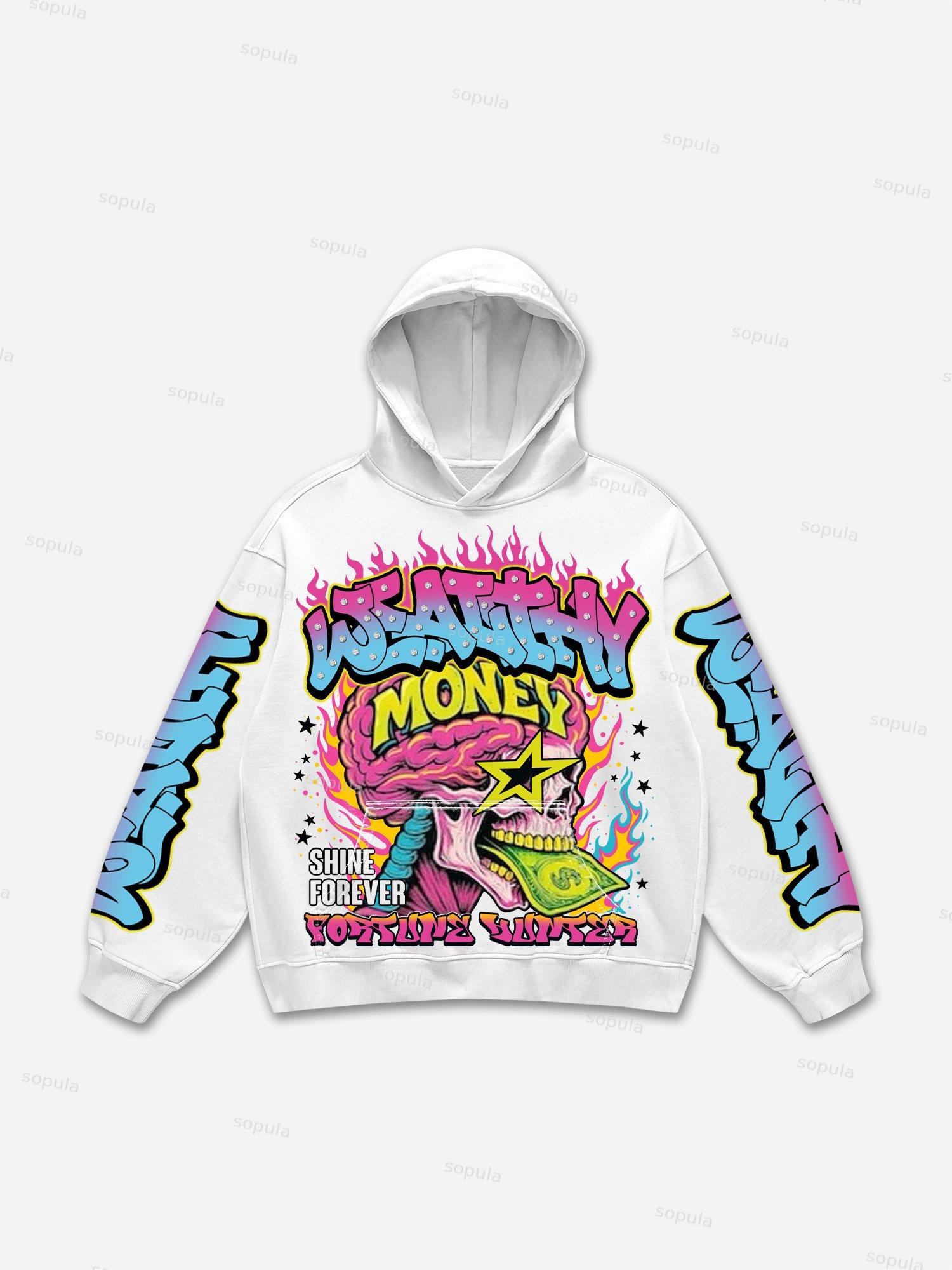 Wealthy Colorful Flame Money Skull Graphic Hoodie Product Image