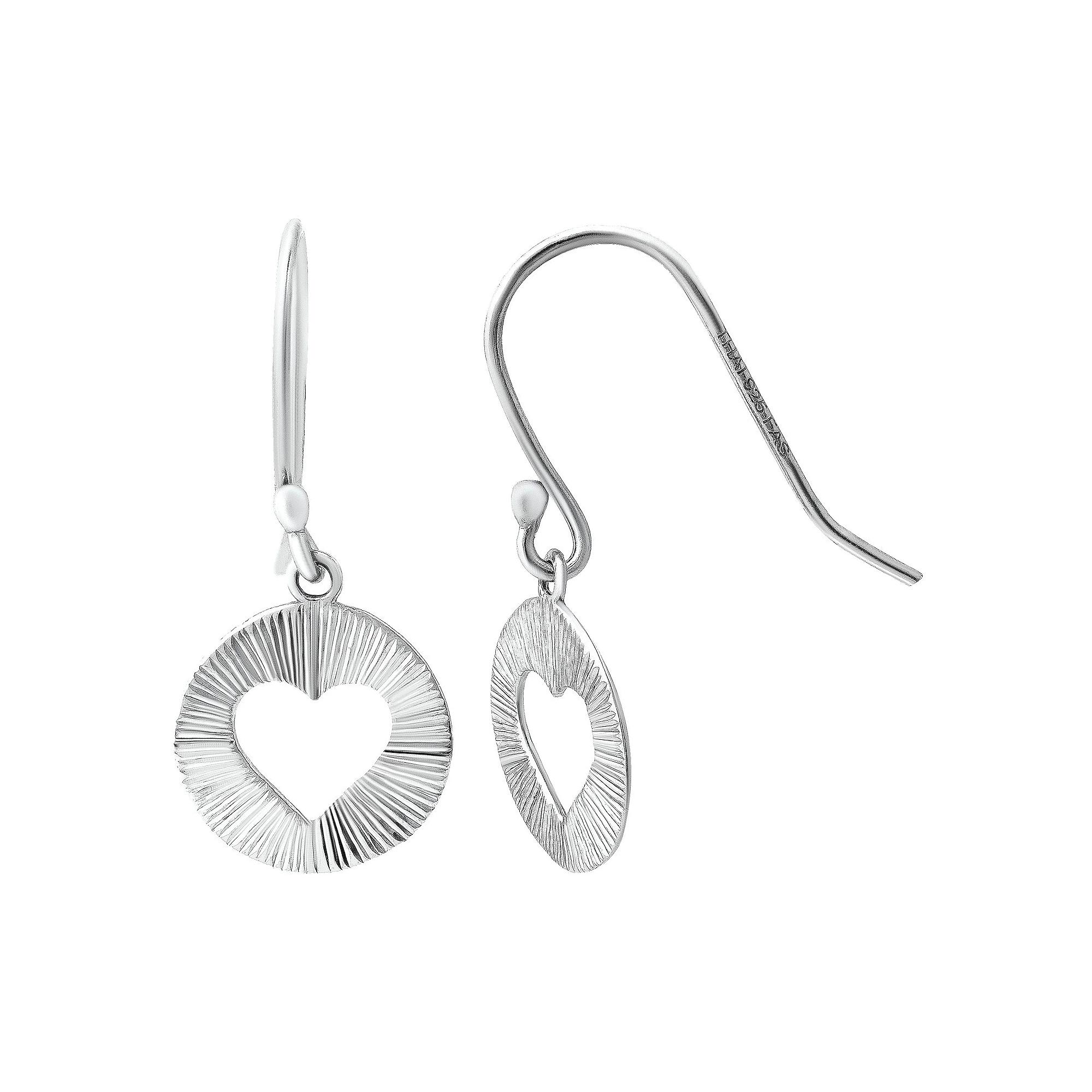 Aleure Precioso Textured Circle with Heart Cutout Center Fishhook Drop Earrings, Women's, Silver Tone Product Image