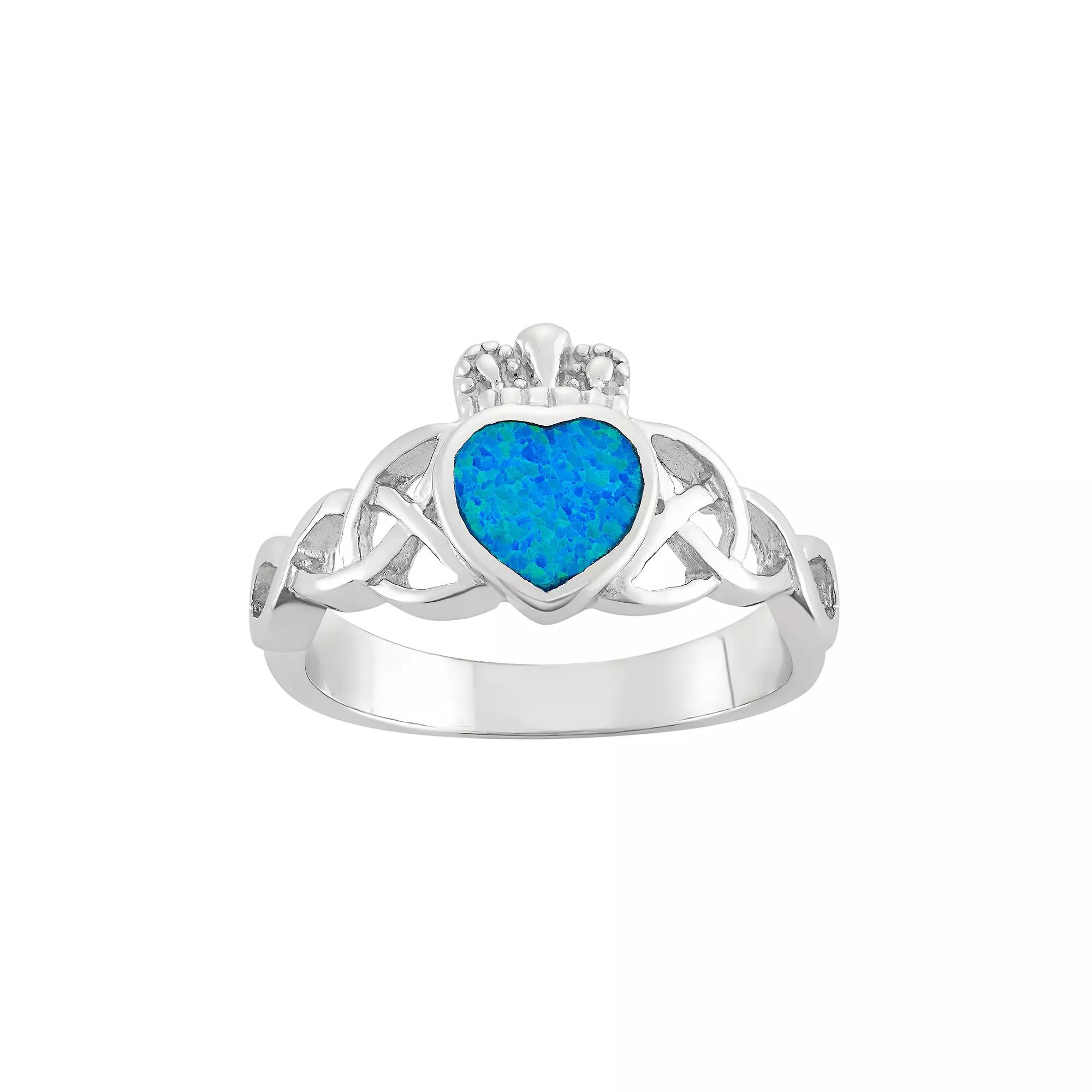 Lab-Created Blue Opal Sterling Silver Claddagh Ring, Women's, Size: 9 Product Image