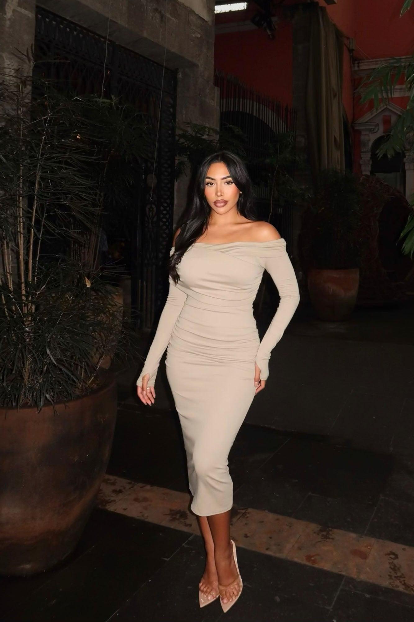 Turn Heads Off Shoulder Ruched Midi Dress - Taupe Product Image