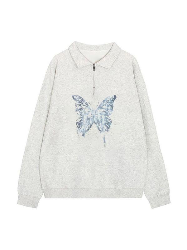 Vintage Butterfly Print Half Zipper Sweatshirt Product Image