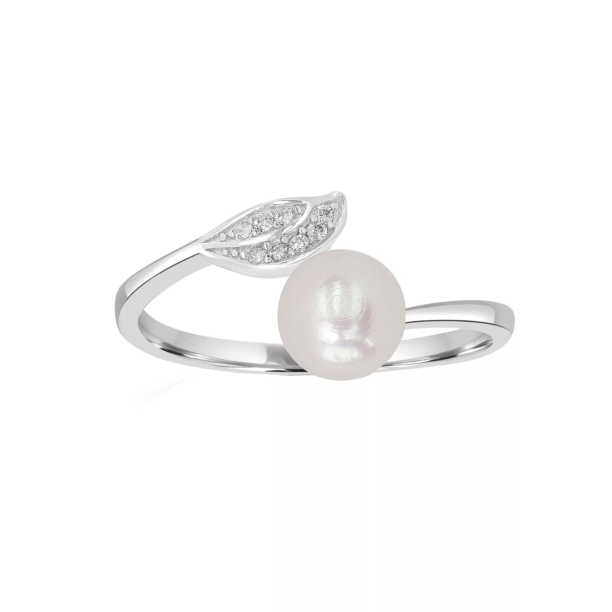 Gemistry Sterling Silver Freshwater Cultured Pearl & Cubic Zirconia Leaf Ring, Women's, Size: 7 Product Image