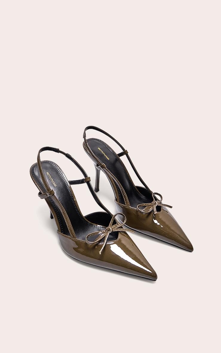 Olive PU Point Toe Bow Detail Mid Heel Courts Product Image
