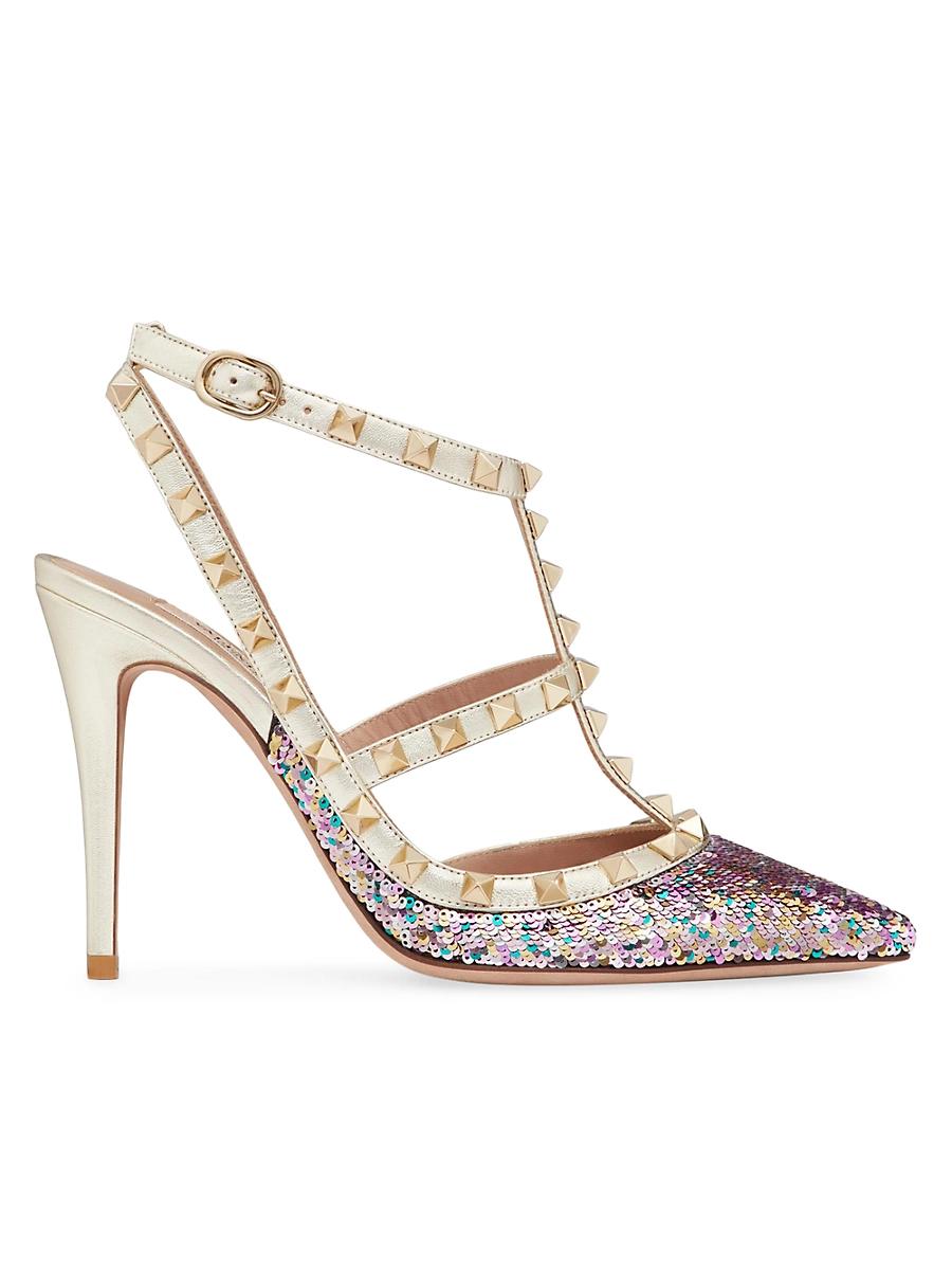 Womens Rockstud Pumps With Sequin Embroidery And Straps 100MM Product Image
