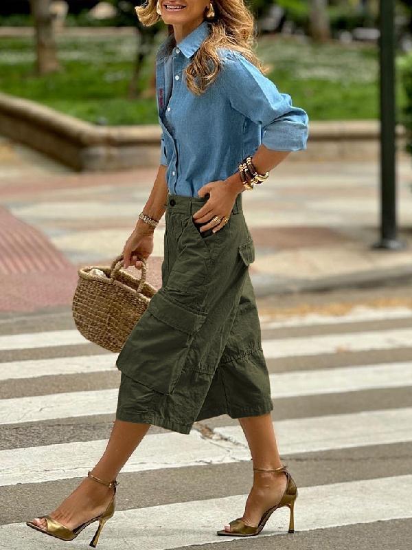 Loose Wide Leg Buttoned Pockets Solid Color Split-Joint Capri-Pants Cropped Trousers Product Image