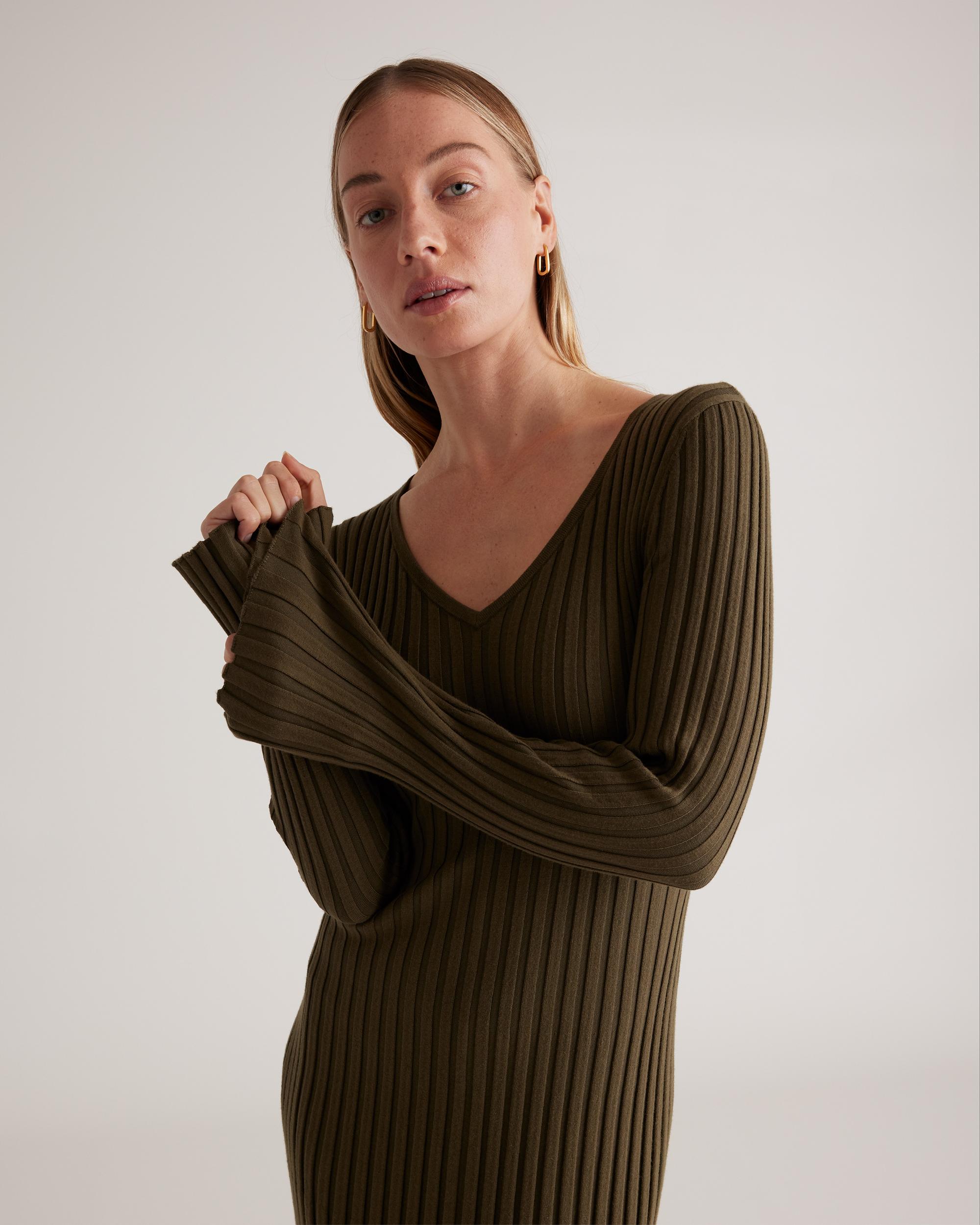 Quince | Women's Cotton Cashmere Ribbed Long Sleeve V-Neck Midi Dress Size XL Product Image