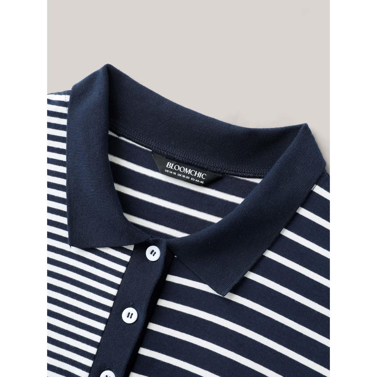 Plus Size Cotton Knit Stripe Print Midi Dress Navy Women Office Polo Half Sleeve Curvy BloomChic 22-24/3X Product Image