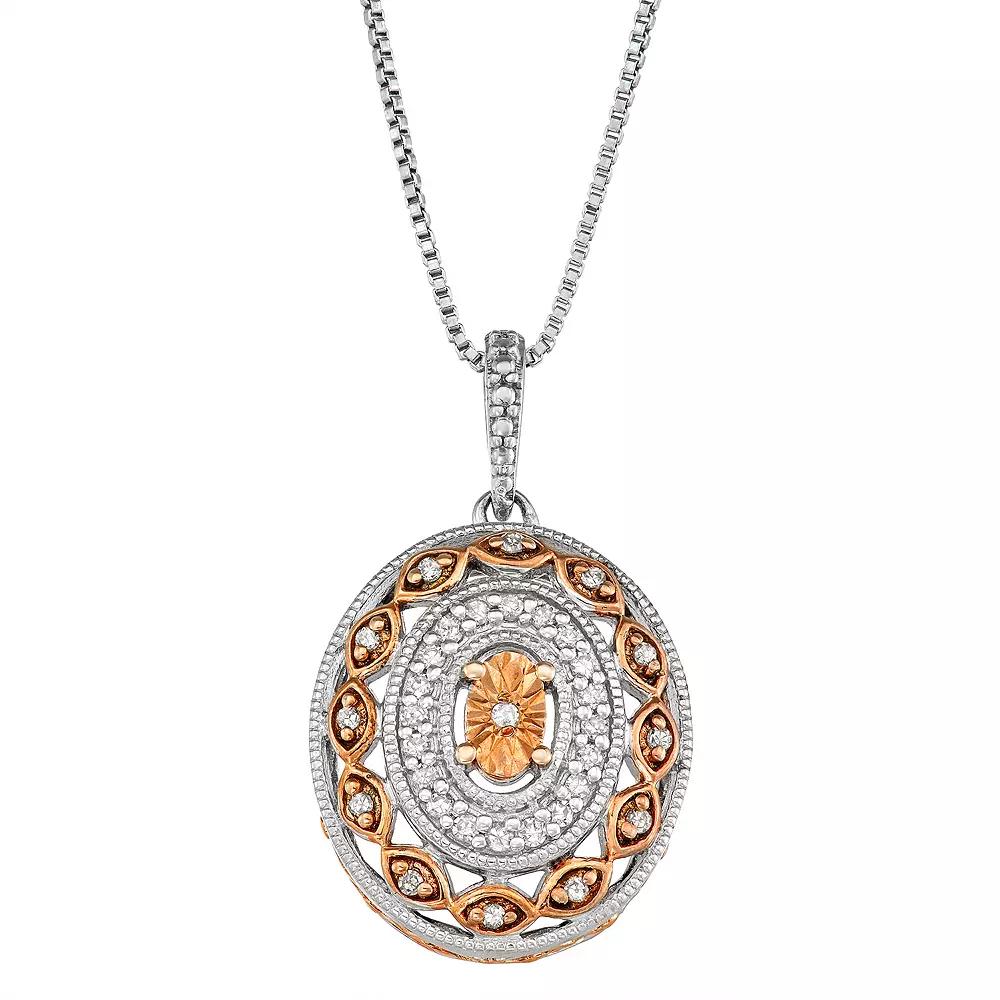 Two Tone Sterling Silver 1/6 Carat T.W. Diamond Oval Pendant Necklace, Women's, Size: 18", Pink Tone Product Image