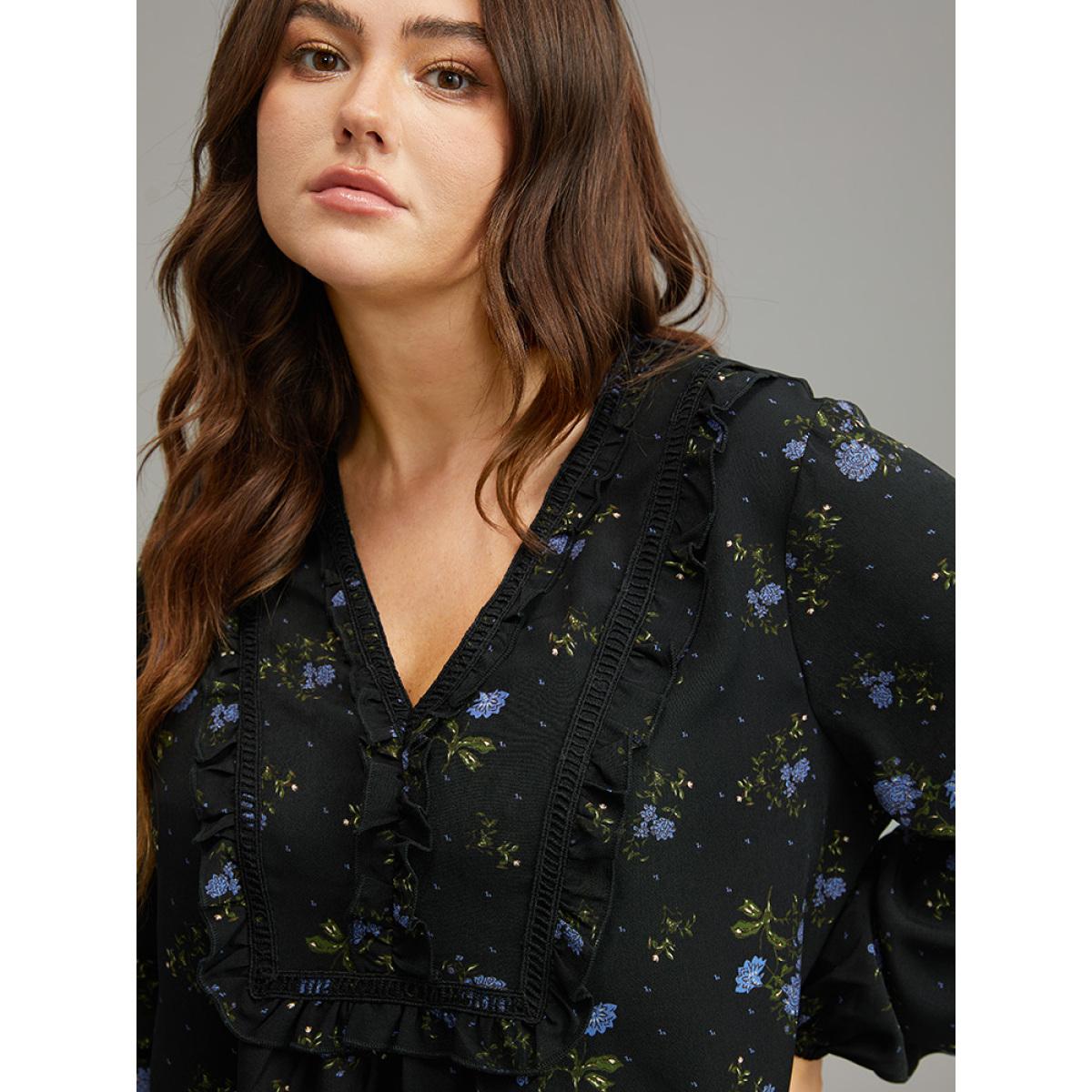 Plus Size Black Ditsy Floral Lantern Sleeve Frill Trim Blouse Women Elegant Long Sleeve V-neck Dailywear Blouses BloomChic 26/4X Product Image