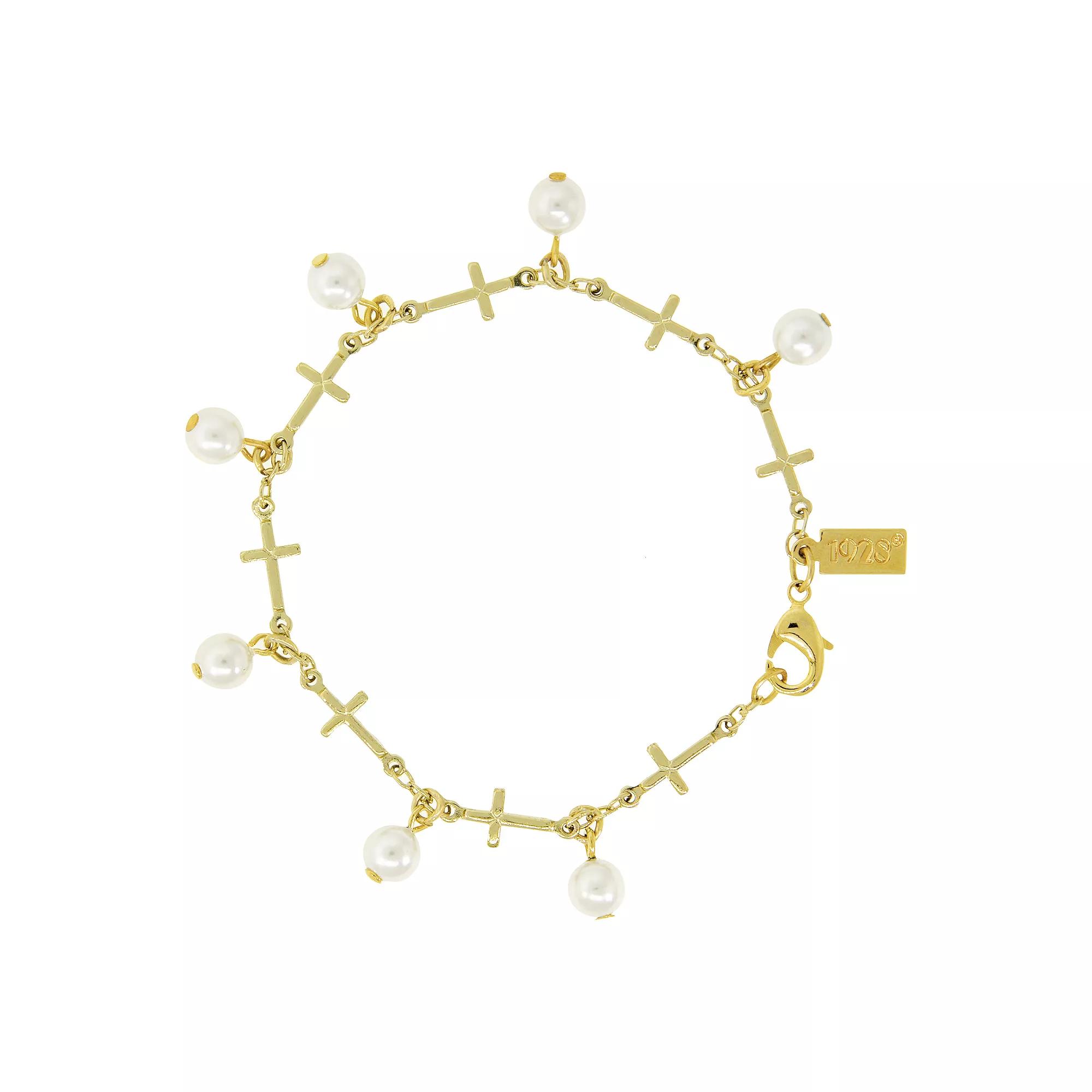 Symbols of Faith 14K Gold Dipped Multi Cross Faux Pearl Link Bracelet, Womens, White Product Image