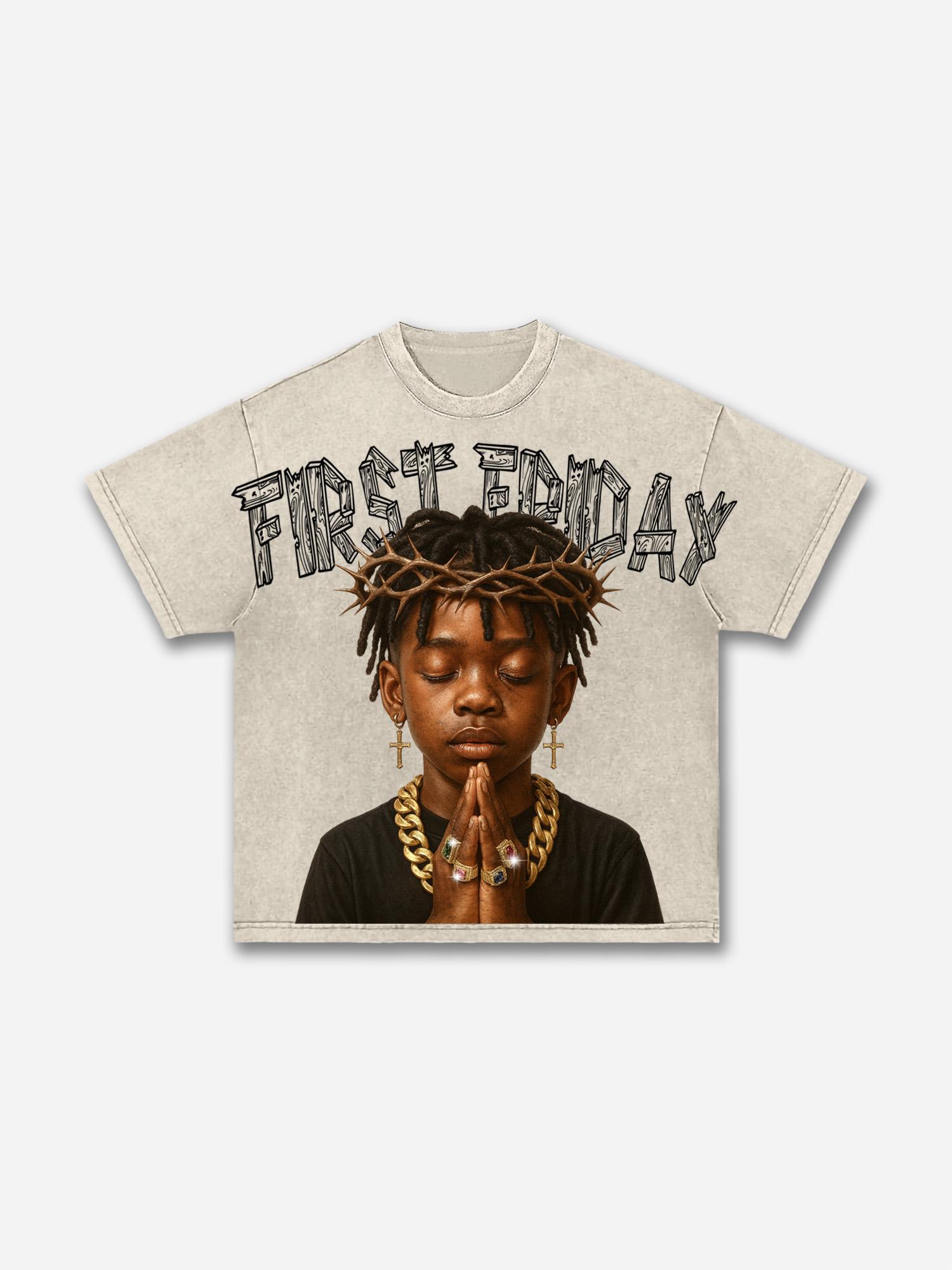 First Friday Devotion Retro Graphic Acid Wash T-shirt Product Image