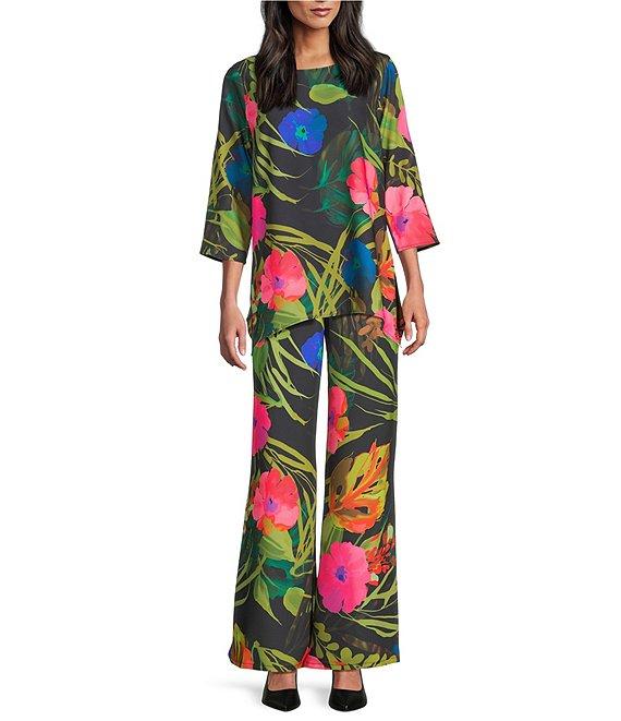 Caroline Rose Tropical Sunset Floral Print Elastic Waist Wide Leg Pants Product Image