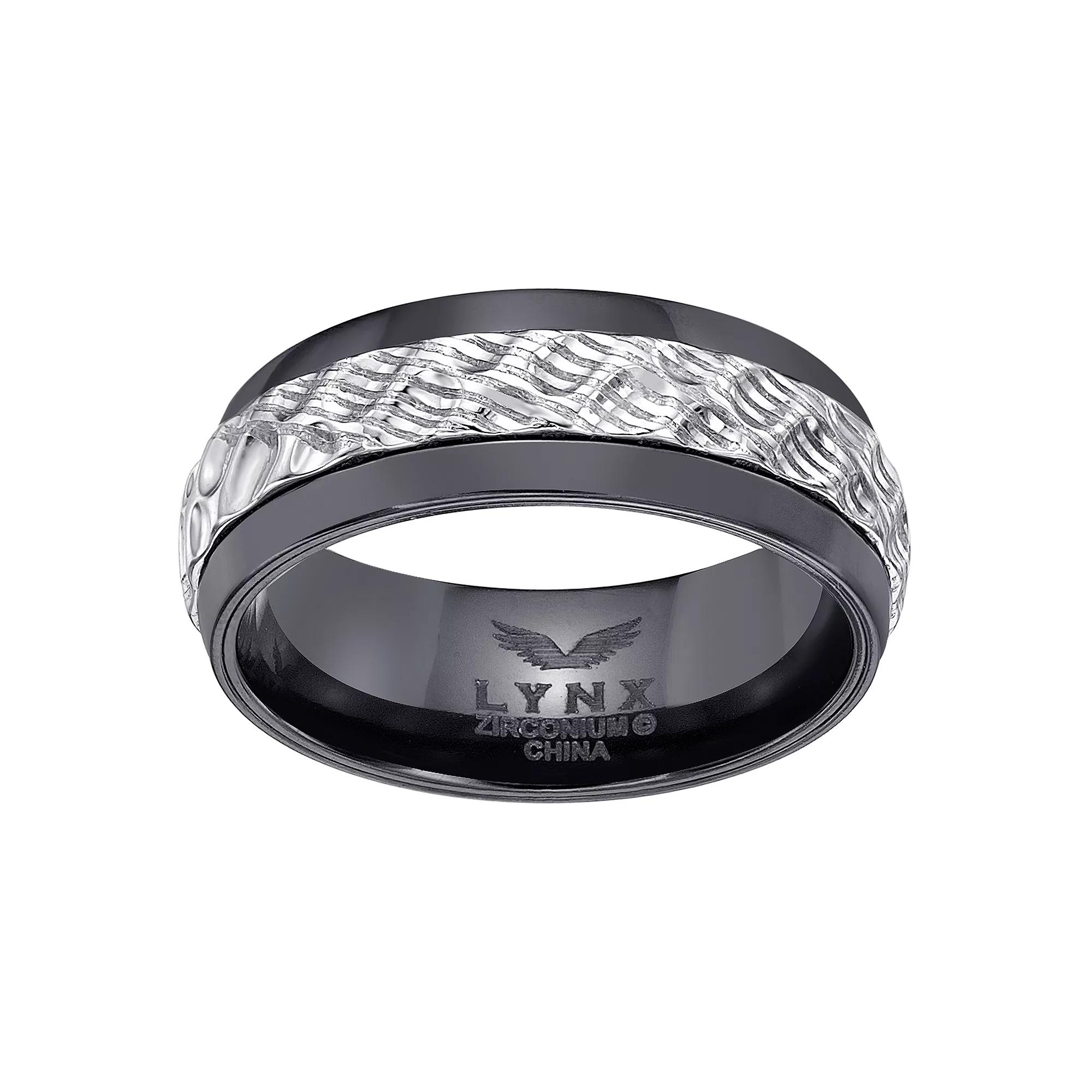 LYNX Men's Black Zirconium & Hammered Damascus Steel Ring, Size: 9, Two Tone Product Image