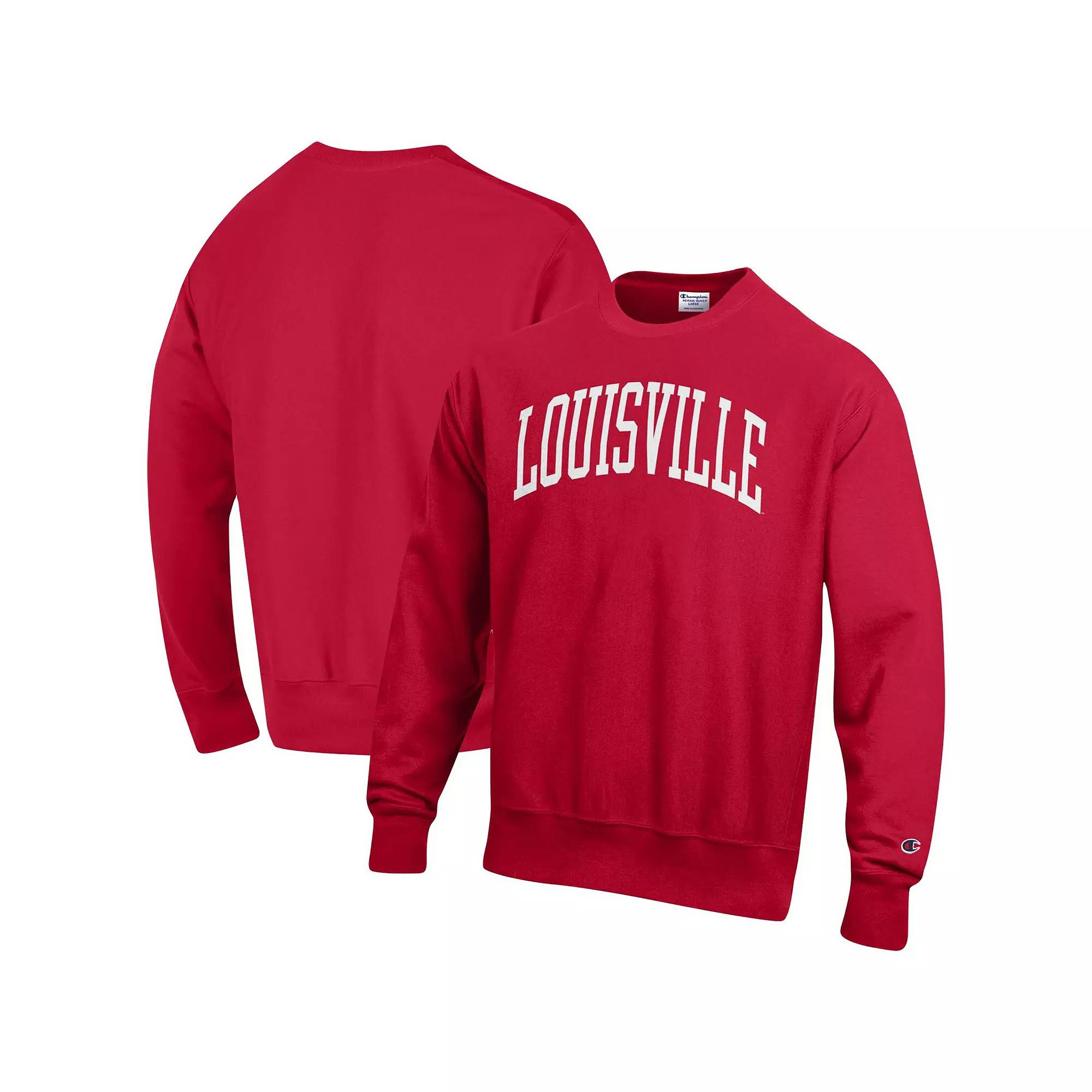 Men's Champion Red Louisville Cardinals Arch Reverse Weave Pullover Sweatshirt,  Product Image