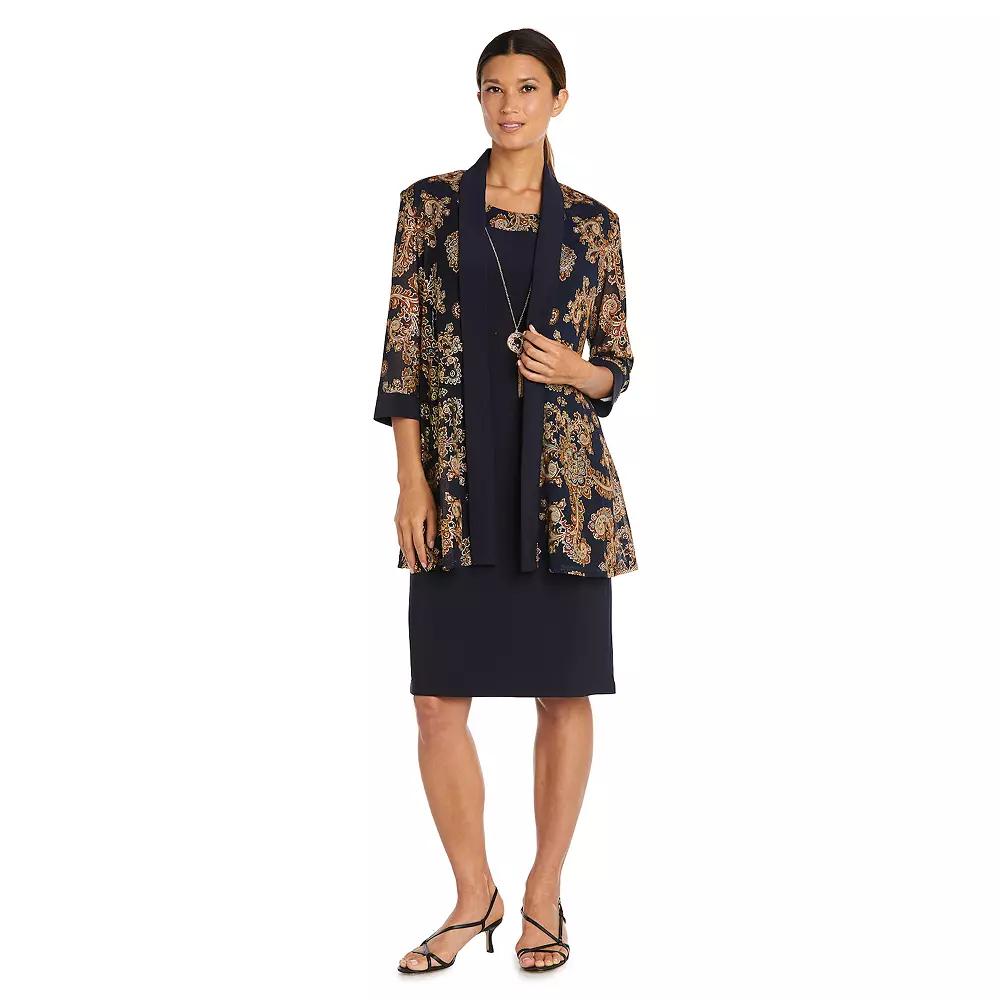 Women's R&M Richards 3-Piece Mesh Jacket, Dress & Necklace Set, Size: 12, Navy Gold Product Image