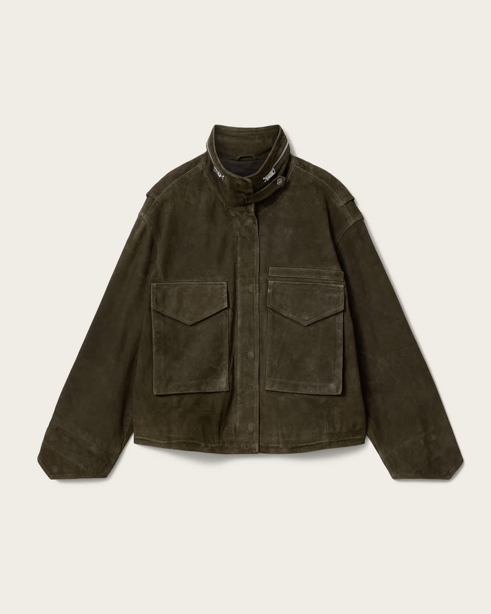 Clay Funnel Neck Suede Cropped Jacket KHAKI GREEN | ALLSAINTS US Product Image