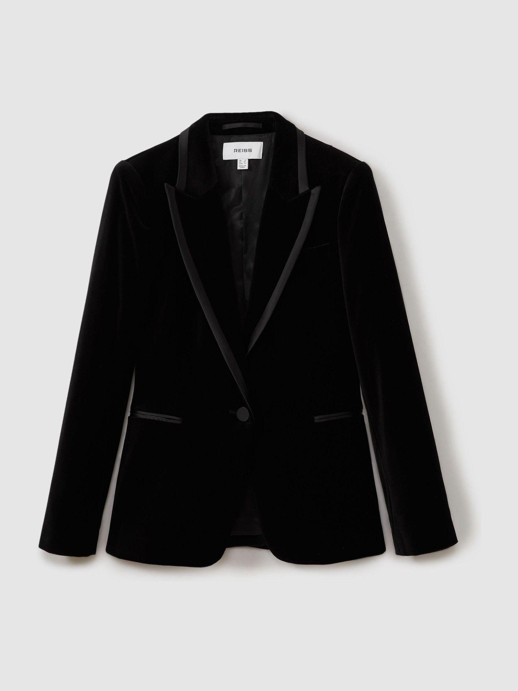 Petite Velvet and Satin Single Breasted Suit Jacket in Black Product Image